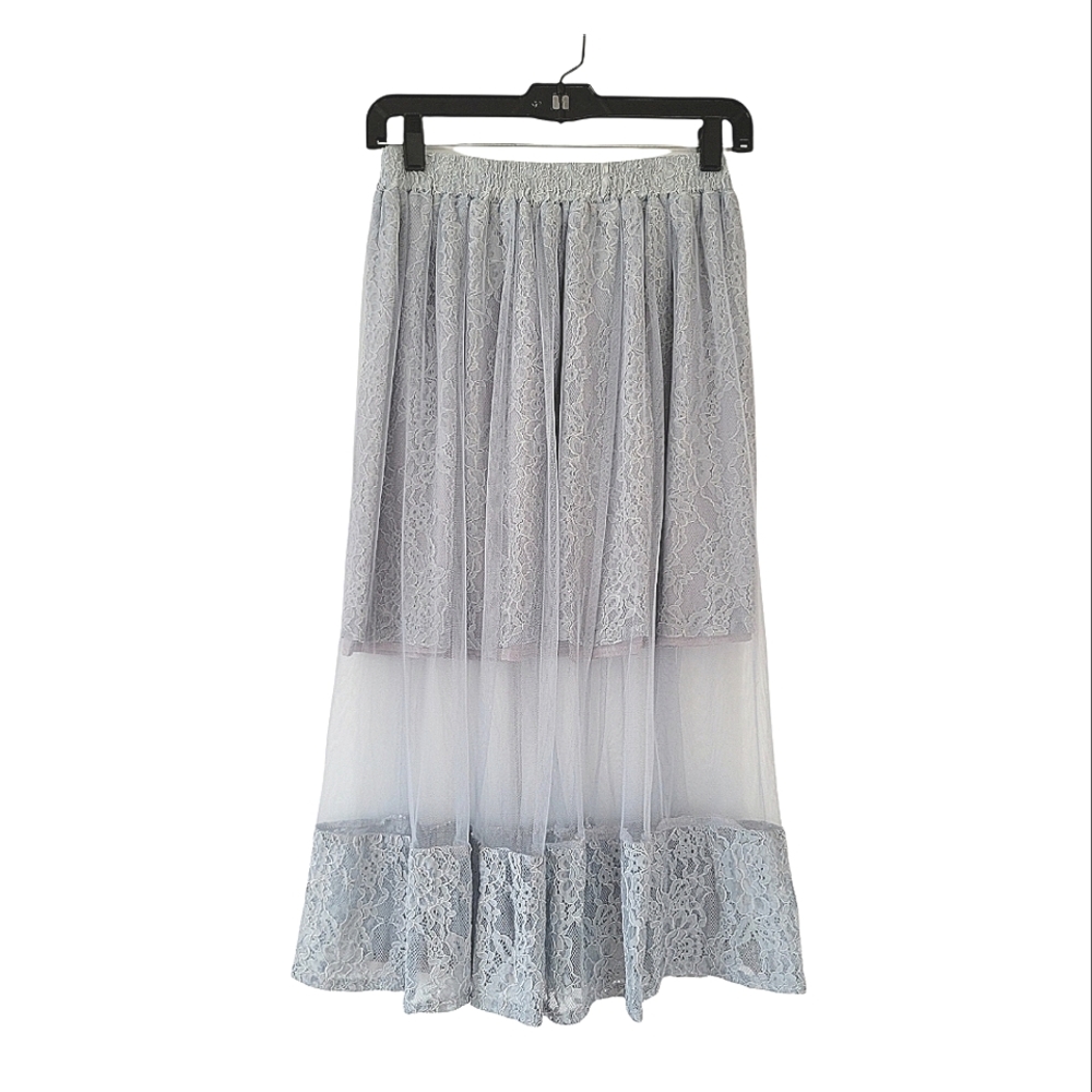 Light Blue Floral Lace Mini Skirt w/Mesh & Lace Overlay Midi Skirt Length